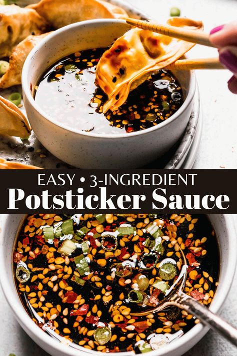 This super quick Potsticker Sauce is easy to make with just 3-ingredients! It’s savory, tangy, and packed with umami goodness. The perfect sauce for gyoza, potstickers, spring rolls, and more! Essen, Potsticker Meal Dinners, Vegetable Potstickers Recipe, Healthy Pot Stickers, Homemade Potsticker Sauce, Fried Potstickers Recipe, Easy Dipping Sauce For Pot Stickers, Easy Potsticker Sauce, Spicy Potsticker Sauce