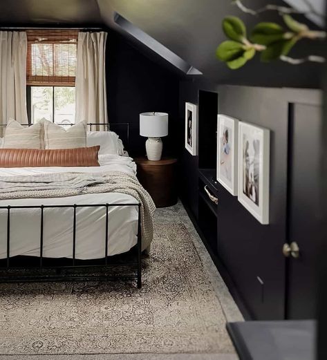 Black Bedroom Vaulted Ceiling, Grey Bed Black Wall, Black Painted Ceiling Bedroom, Paint Attic Bedroom Sloped Ceiling, Black Bedroom White Trim, Painting Sloped Ceiling Bedroom, Sloped Ceiling Bedroom Decor, Sloped Bedroom Ceiling, Slanted Ceiling Bedroom Paint