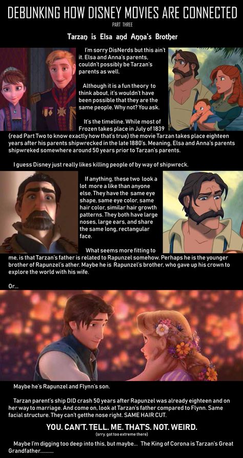 I'm a fan of this quite frankly. Cuz Tarzan and tangled and my favorite animated Disney movies (and Hercules...and Mulan) Humour, Disney Princess Theories, Underrated Disney Movies, Disney Fan Theories, Disney Facts Mind Blowing, Disney Headcanon, Disney Movie Theories, Disney Fanfiction, Movie Theories