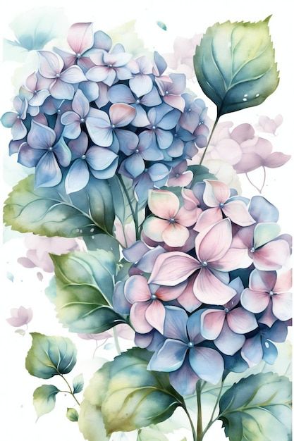 Paris Flowers, Blue Hydrangea Flowers, Watercolor Hydrangea, Hydrangea Painting, Botanical Line Drawing, Blue Drawings, Watercolor Pumpkins, Pastel Print, Watercolor Flower Art