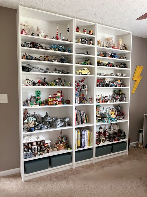 Organisation, Lego Shelving Ideas, Best Way To Display Lego Sets, Billy Lego Storage, Lego Display Bookcase, Lego And Book Display, Lego Display Room Ideas, Ikea Lego Display Ideas, Lego Display And Storage