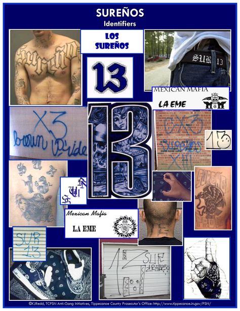 A collage of tattoos and identifiers of the Surenos Gang. Tumblr, Sureños 13 Gang, Sureños 13 Gang Signs, Gang Drawings, Surenos 13, 13 Tattoo Meaning, Gang Symbols, Hand Tattoos Pictures, Gang Art