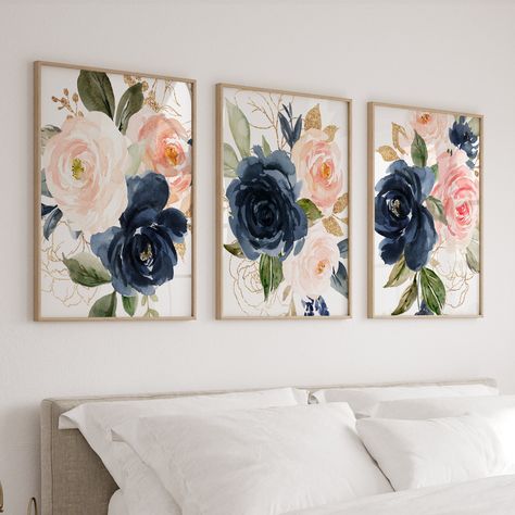 Navy Blue And Pink Wall Art, Navy Blue And Pink Girls Bedroom, Navy And Blush Pink Living Room, Blush Pink And Navy Blue Bedroom, Navy White Pink Living Room, Dusty Rose And Navy Bedroom, Blue And Peach Bedroom Ideas, Pink Blue Gold Bedroom, Navy Pink And Gold Office Decor