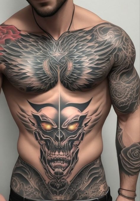 chest and body tattoo men ideas Forest Chest Tattoo Men, Geometric Chest Tattoo Men Design, Creative Chest Tattoos For Men, Body Tattoo Men, Full Body Tattoo Man, Full Chest Tattoo Men, Mens Hip Tattoos, Chest Piece Tattoo Mens, Tattoo Men Ideas