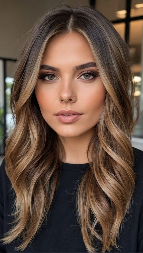 Hair Color Ideas For Brunettes To Blonde, Blond With Brunette Lowlights, Dark Hair Heavy Blonde Highlights, Blond Going Darker, Low Maintence Brunette Balayage, Long Layered Highlighted Brown Hair, Medium Brown Summer Hair, Medium Brown Hair Blonde Balayage, Balayage Colors For Dark Hair