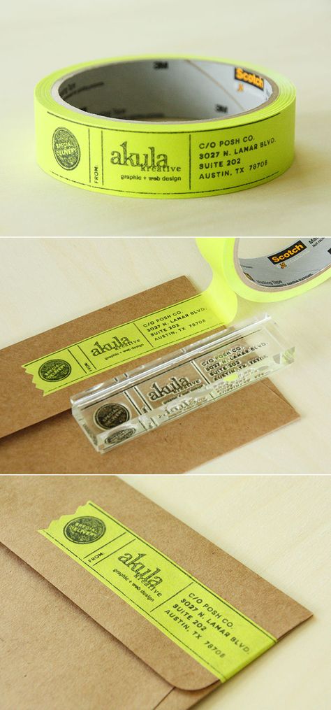 Sooo...I came up with a less expensive and lower quantity solution: create  a 4" x 1" stamp and make my own custom masking tape! Duct Tape, Katie White, Visuell Identitet, Guerilla Marketing, Return Address, Address Labels, Masking Tape, Diy Custom, Diy Inspiration