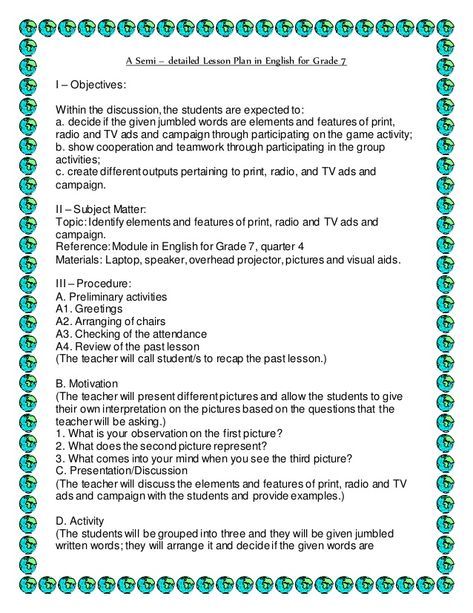 A Semi – detailed Lesson Plan in English for Grade 7  I – Objectives:  Within the discussion,the students are expected to:  a... Teacher Lesson Plans Elementary, Context Clues Lesson, Grade 1 Lesson Plan, English Grammar Games, Science Lesson Plans Elementary, Jumbled Words, Lesson Plan Examples, Lesson Plan Sample, Literature Lessons