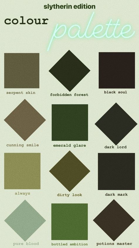 slytherin hogwarts house color palette vsco aesthetic (credit: @cozychloe on pinterest) Harry Potter Slytherin Room Ideas, Slytherin Aesthetic House Decor, Slytherin Aesthetic House, Draco Malfoy Color Palette, Slytherin Classroom Decorations, Slytherin Bedroom Aesthetic Ideas, Slytherin Colour Palette, Slytherin Aesthetic Decor, Slytherin Room Hogwarts