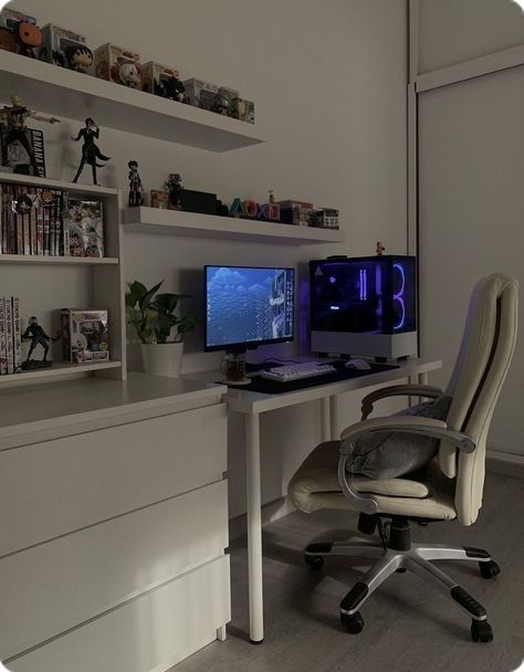 Pc Gaming Setup Minimalist, Minimalistic Gamer Room, Vanity And Pc Setup, Minimalistic Pc Setup, Simple Gaming Setup, White Gaming Setup, Desk Setups, Room Redesign, Bedroom Setup