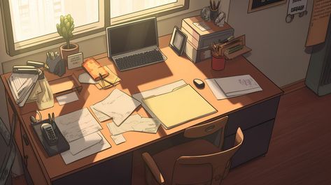 Anime Office, Cool Wallpapers For Laptop, Anime Computer Wallpaper, Background Computer, Computer Drawing, Drawing Desk, Office Wallpaper, Office Background, Laptop Wallpaper Desktop Wallpapers
