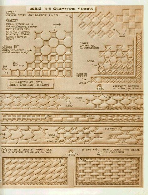 Geometric stamping                                                                                                                                                                                 More Tooled Leather Stencil, Leather Tooling Patterns Templates, Leather Tooling Patterns Printable, Diy Leather Working, Handmade Leather Work, Leather Working Projects, Leather Tutorial, Leather Working Patterns, Leather Tooling Patterns
