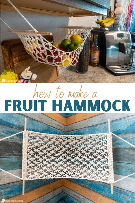 Have you been looking for a chic way to store your fresh fruit? This Fruit Hammock crochet pattern is perfect for your fruit storing needs. Hammock Crochet, Oasis Decor, Fruit Hammock, Crochet Tunic Pattern, Crochet Fruit, Easy Crochet Projects, Desert Oasis, Crochet Kitchen, Crochet Tunic