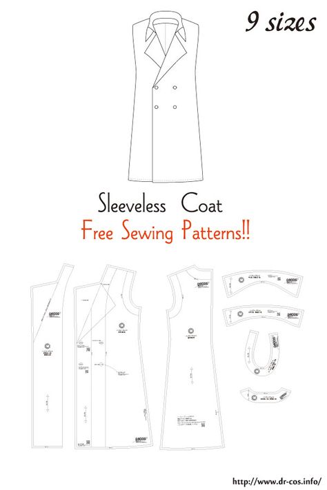 This is the pattern of a Sleeveless Coat. cm size(A4 size) Children's-100,120,140/Ladies'-S,M,L,LL/Men's-L,LL Pirate Coat Pattern Free, Tela, Molde, Patchwork, Trench Coat Collar Pattern, Trench Coat Pattern Sewing Free, Coat Dress Pattern, Coat Collar Pattern Drafting, Trench Coat Pattern Sewing