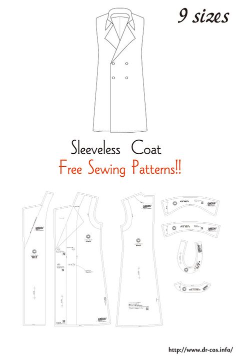 This is the pattern of a Sleeveless Coat. cm size(A4 size) Children's-100,120,140/Ladies'-S,M,L,LL/Men's-L,LL Croquis, Patchwork, Tela, Long Vest Pattern, Trent Coat, Trench Coat Pattern, Sewing Coat, Japanese Sewing Patterns, Wrap Dress Pattern