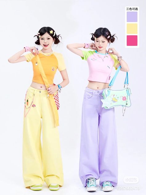 Candycore Clothes, Kpop Outfits Colorful, Citypop Outfit, Cute Techwear, City Pop Aesthetic Outfits, Yellow And Purple Outfit, Pastel Color Outfit, Korean Fashion Colorful, Citypop Fashion