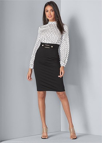Polka Dot Twofer Dress Woman Outfits, Office Attire Women, Work Outfits For Women, Twofer Dress, Business Professional Outfits, Stylish Work Attire, Pencil Skirt Outfits, Business Casual Outfits For Women, Pencil Skirt Dress