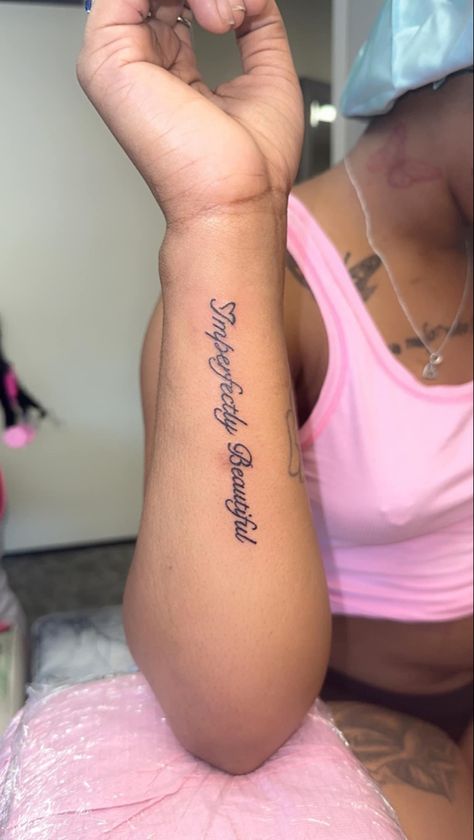 Arm Wording Tattoos For Women, Above Knee Tattoo Words Women, Cute Cursive Tattoos, Most Unique Tattoos For Women, Cute Tattoo Words, Sibling Names Tattoos, Love Your Self First Tattoo, 4 Word Tattoos, Scriptures Tattoos For Women