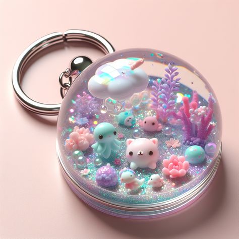 Behold a charming 3D resin art keychain, teeming with delightful micro sea creatures, sprinkles of holo glitter, and floating flora in a clear casing. Featuring whimsical shapes and pastel hues, it's perfect for accessorizing your purse or backpack. 

#ResinArt #TeenAccessories #CuteKeychains #Miniature3D #PastelColors #GlitterArt Fimo, Mini Resin Art, Resin Art Keychain Ideas, Cute Resin Charms, Small Resin Crafts, Resin Art Keychain, 3d Resin Art, Resin And Clay, Resin Toys