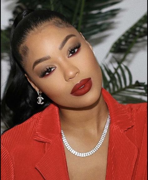 Red Easy Makeup Looks, Red Lip Black Liner Makeup, Pop Of Red Eyeshadow, Red Dress Makeup Looks Dark Skin, The Weeknd Eye Makeup, Smokey Eye With Red Eyeliner, Natural Red Makeup Looks Black Women, Red Lip And Eyeliner Makeup Look, Makeup For Black And Red Dress