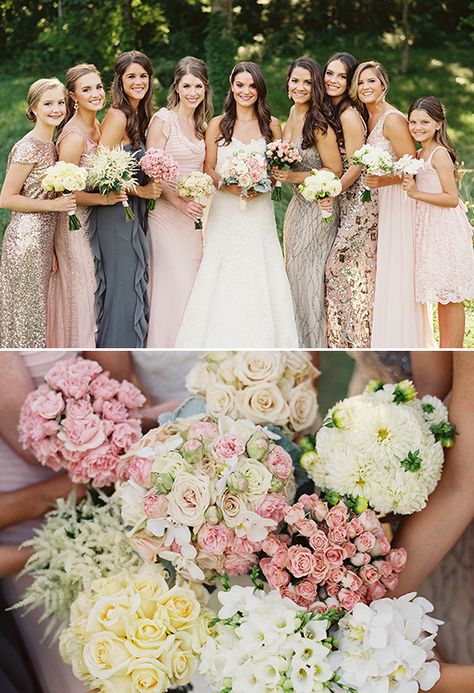 Mismatched Bridesmaids, Bridesmaid Bouquets, Mismatched Bridesmaid Dresses, Wedding Traditions, Natural Wedding, Bridesmaids And Groomsmen, Bridesmaid Flowers, Pretty Wedding, Wedding Time