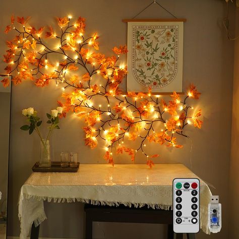 PRICES MAY VARY. Includes: A H-Wniniai Maple Leaves vine for Thanksgiving Day Decor length of about 6.5 ft, 18 branches, each 1.3ft with 8 LED warm white light, total 144 LED, with a pack of maple leaf accessories &196-inch power cord and USB port. 8 Lighting Modes + Timing Remote Control: You can use the remote control to achieve the desired effect. Eight lighting modes are available (Combination/ In Wave/ Sequential/ Slo Glo/ Flash/ Slow Fade/ Twinkle/ Steady). One-touch 6H timing, the light w Fall Room Decor, Walls Bedroom, Easy Fall Decor, Cozy Fall Decor, Fall Bedroom, Fall Wall Decor, Fall Garland, Garland Christmas, Indoor String Lights