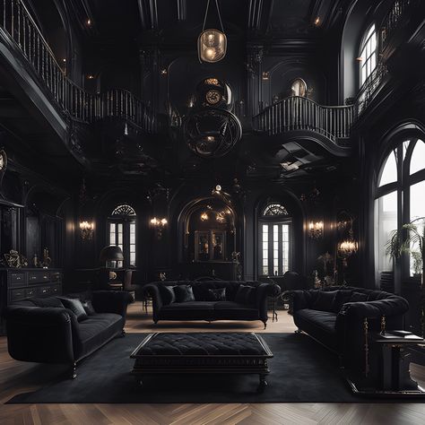 Ai created goth inspired home with a dark and enchating feel. All black elegant, luxury furniture paired with gold accent decor creating a hauntingly beautiful atomosohere. #gothichome #aestheticlivingroom #allblackdecor #blackfurniture #goth #home #homedecorideas #livingroomdesign #interiordesign #interior #inspiration #vampire #aesthetic #luxury Dark Castle Aesthetic Interior, Goth Victorian House, Gothic House Aesthetic, Gothic Mansion Interior, Fancy Grunge, Black House Aesthetic, Goth Home Aesthetic, Gothic Modern House, Goth Interior Design