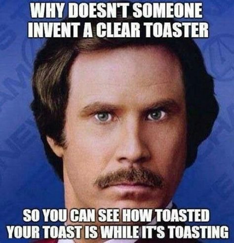 Clear toaster so you can watch your toast toast! Will Ferell, Intriguing Quotes, Whatever Forever, Friday Meme, Ron Burgundy, Funny Meme Pictures, Birthday Meme, Clipuri Video, Memes Humor