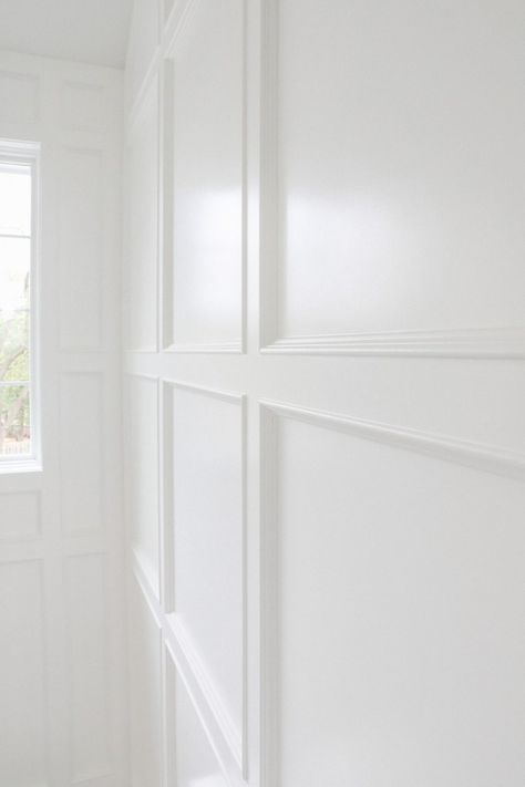 Benjamin Moore Simply White Paint Color on Wainscoting | Kate Knowles Home Simply White Benjamin Moore Trim, Simply White Paint Color, Mudroom Wainscoting Ideas, Lake House Paint Colors Interior Benjamin Moore, Featherstone Benjamin Moore, Simply White Benjamin Moore Walls, Benjamin Moore Simply White Walls, Simply White Walls, Silo Projects