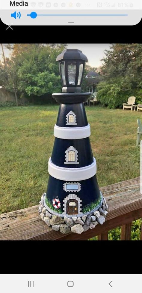 Diy Lighthouse, Clay Pot Lighthouse, Lighthouse Crafts, Terra Cotta Pot Crafts Diy, Lighthouse Decor, Clay Pot Projects, Clay Pot People, Flower Pot People, Terra Cotta Pot Crafts