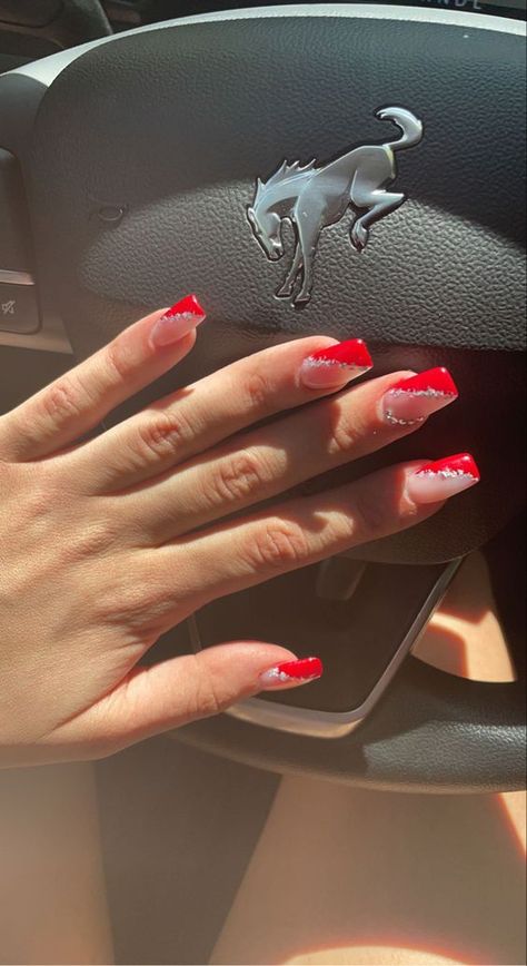 Red And White Nails For Prom, Small Red Nails Design, Red And Silver Tip Nails, Silver And Red Nails Prom, Red Nails Acrylic Design Simple, Red Fresh Tip Nails, Silver And Red Acrylic Nails, Red Shirt Acrylic Nails, Cute Red Prom Nails