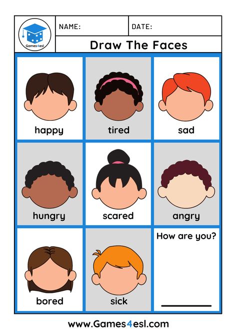 Download free printable feelings worksheets and use them in class today. On this page, you can find a collection of PDF worksheets for teaching feelings and Learn English Activities, Esl Feelings And Emotions, English Class Crafts, Learning English For Kids Teaching, English Ideas Teaching, Teaching English Activities, English Language Teaching Activities, Teaching English Ideas, Teaching English To Kids Kindergartens