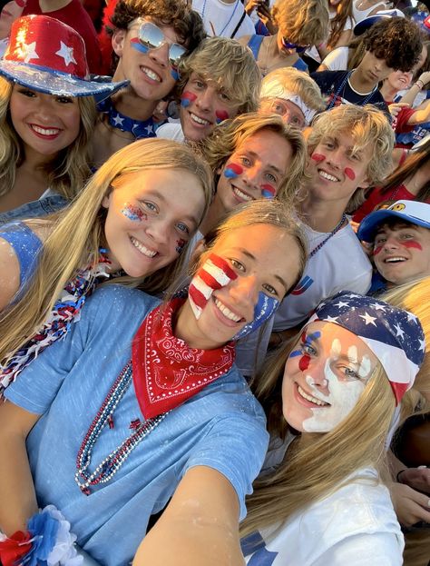 Usa School Spirit Day, American Themed Football Game Outfit, Usa Themed Face Paint, Usa Homecoming Theme, America Spirit Day, Usa Hoco Theme, Usa Theme Outfit Football Games Face Paint, Red White And Blue Theme Football Game, Usa Outfits For Football Games