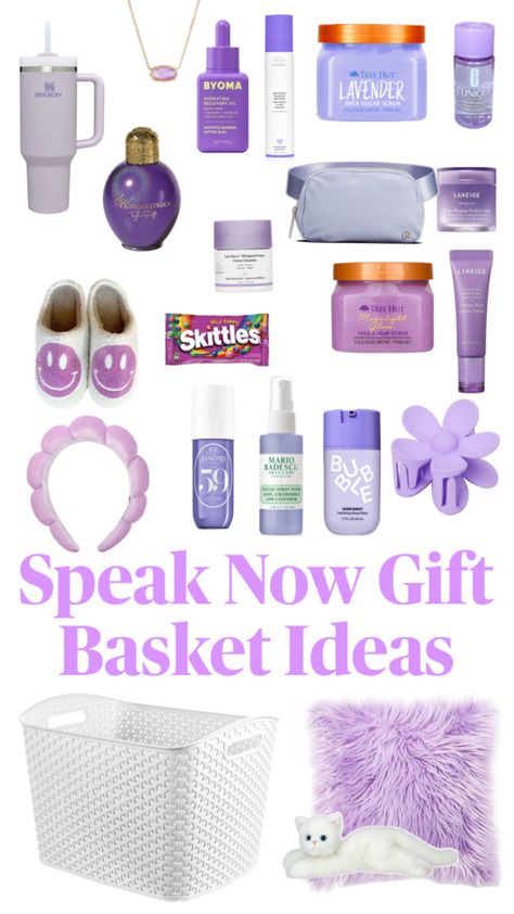 The perfect gift basket for a Swifty, who loves speak now Teen Gift Basket, Own Business Ideas, Perfect Gift Basket, Preppy Gifts, Birthday Basket, Taylor Swift Birthday, Christmas Gifts To Make, Cheer Gifts, Gift Inspo