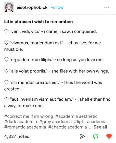 Dark Academia Words To Use, Light Academia Writing Aesthetic, Dark Academia Languages To Learn, Best Latin Phrases, Light Academia And Dark Academia, One Sided Pining Prompts, Light Academia Tattoo Ideas, Sept Love Tattoo, Dark Academia Things To Learn