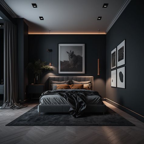 Dark Modern Bedroom, Male Bedroom Ideas, Masculine Interior Design, New Bed Designs, Rum Inspo, Simple Bed Designs, Mens Bedroom Decor, Black Bedroom Design, Black Bedroom Decor