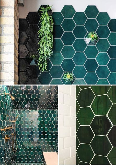 Why We Love This Emerald Green Tile Backsplash – Mercury Mosaics Kitchen Backsplash Two Different Tiles, Hexagon Tile Bathroom Wall, Mosaic Tiles Bathroom, Tile To Wood Transition, Custom Tile Design, Mural Tiles, Green Tiles, Creative Tile, Mercury Mosaics