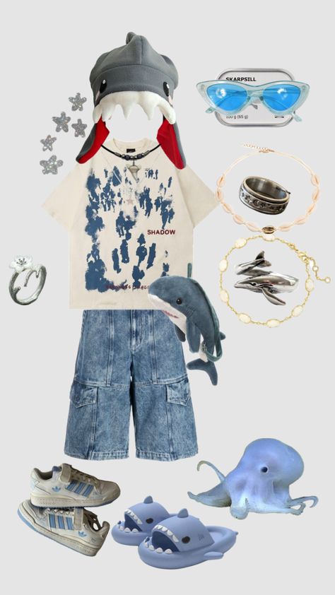 Silly Outfit Ideas, Fish Outfit Aesthetic, Shark Core Outfits, Shark Themed Outfit, Shark Outfit Aesthetic, Fishcore Outfit, Oceancore Aesthetic Outfits, Sharkcore Outfits, Oceancore Outfit