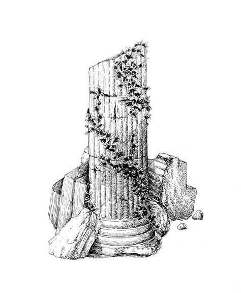 Ruins#ivy #ancient #column #temple #ruins #plant #time #illustration #drawing #blackwork #igblackandwhite Ruins Illustration, Building Tattoo, Temple Drawing, Temple Tattoo, Time Illustration, Temple Ruins, Roman Columns, Mythology Tattoos, Greek Tattoos