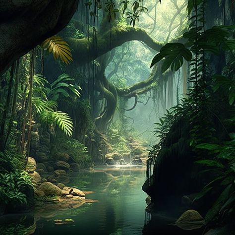 Jungle With Waterfall, Jungle Nature Forests, Fantasy Water Landscape, Fantasy Tropical Forest, Fantasy Jungle Landscape, Jungle Trees Illustration, Jungle Landscape Painting, Jungle River Illustration, Tropical Forest Concept Art