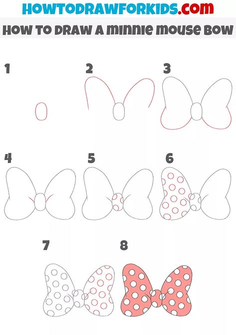 How to Draw a Minnie Mouse Bow - Easy Drawing Tutorial For Kids Minnie Mouse Drawing Easy Step By Step, How To Draw Minnie Mouse Step By Step, How To Draw Minnie Mouse, How To Draw Mickey Mouse, Minnie Mouse Drawing Easy, Minnie Mouse Painting On Canvas, How To Draw A Bow, Drawing Minnie Mouse, Mickey Mouse Doodle