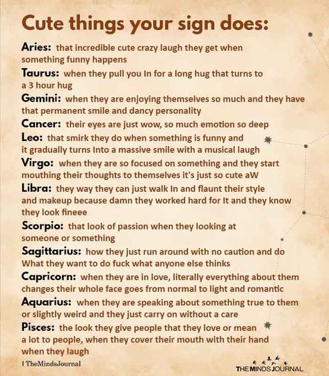 Cute Things Your Sign Does - https://themindsjournal.com/cute-things-your-sign-does/ Zodiac Sign Fashion, Aries Zodiac Facts, Zodiac Signs Chart, Libra Zodiac Facts, Zodiac Signs Sagittarius, Zodiac Signs Pisces, Zodiac Signs Taurus, Zodiac Signs Leo, Zodiac Sign Traits