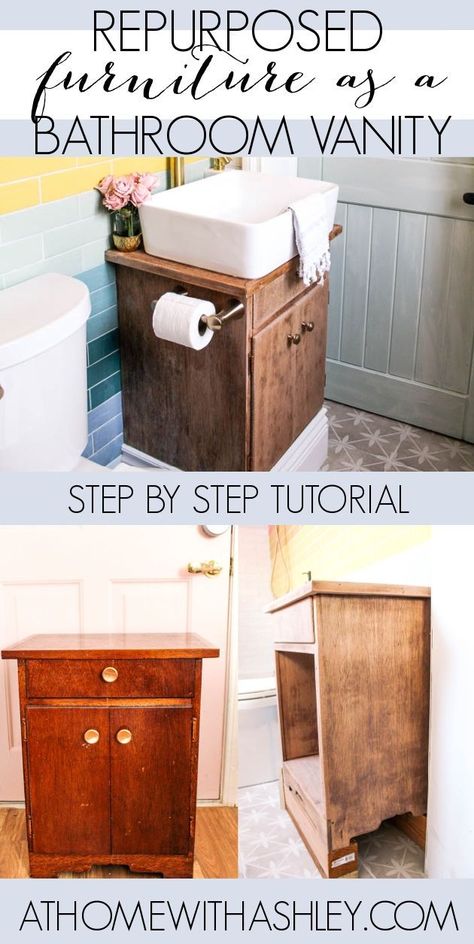 Repurposed furniture as a DIY Bathroom vanity. Ideas for unique bathroom vanities for small space from a vintage cabinet. A step by step tutorial for how to upcycle furniture for a bathroom vanity. Recycled furniture is good for the earth and less expensive than buying a new vanity. Upcycling, Upcycled Bathroom Vanity, Diy Bathroom Vanity Ideas, Diy Bathroom Sink, Dresser Vanity Bathroom, Vintage Bathroom Vanity, Bathroom Vanity Ideas, New Vanity, Upcycle Furniture