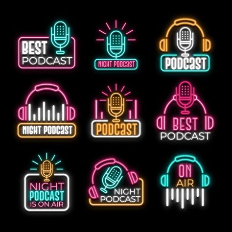 Collection of neon podcast logos | Free Vector #Freepik #freevector #logo #business #template #neon Podcast Logo Aesthetic, Amazon Logo Neon, Podcast Logos, Mic Logo, On Air Radio, Radio Icon, On Air Sign, Radio Advertising, Wireframe Design