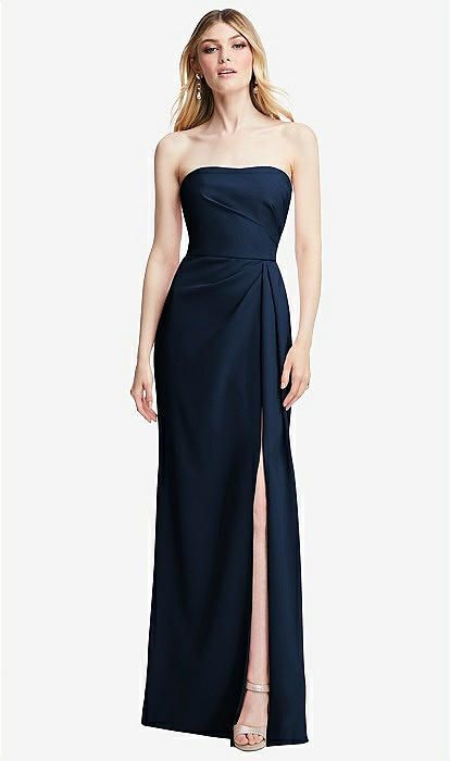 Navy Blue Dresses Prom, Navy Black Tie Dress, Midnight Blue Gown Evening Dresses, Navy Blue Dress Elegant, Navy Dress Outfit Wedding, Wedding Guest Long Dresses, Navy Blue Dress Accessories, Long Graduation Dress, Navy Blue Strapless Dress