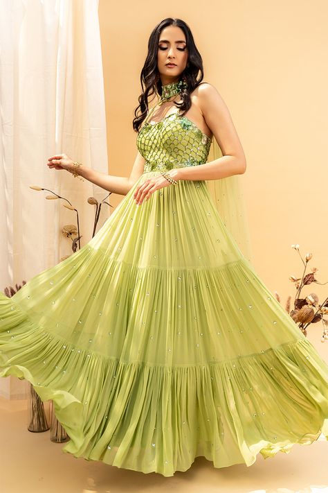 Shop for Silky Bindra Green Tulle Net Embellished Anarkali With Dupatta for Women Online at Aza Fashions Green Anarkali Dress, Simple Anarkali, Anarkali Designs, Desi Attire, Embroidered Corset, Green Anarkali, Western Dresses For Women, Wedding Lehenga Designs, Embroidered Anarkali