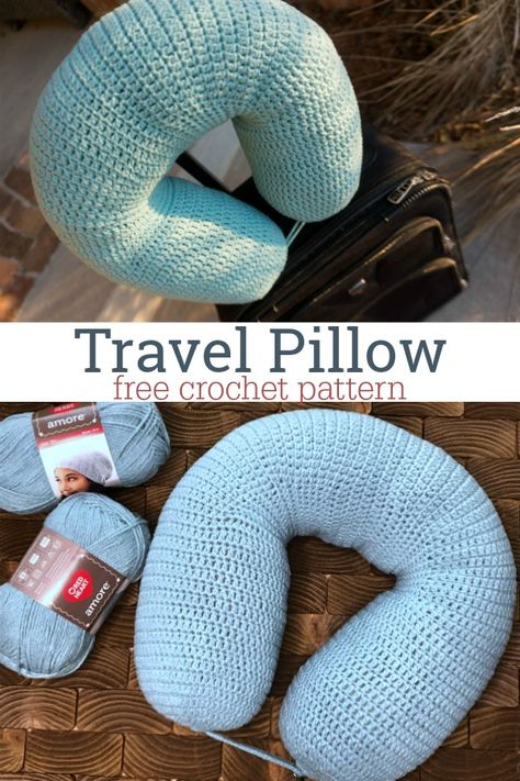 travel pillow displayed on suitcase and on wooden backdrop Flower Afghan, Travel Pillow Pattern, Crochet Travel, Pillow Crochet Pattern, Pillow Crochet, Crochet Pillow Pattern, Crochet Gratis, Crochet Cushions, Crochet Pillow