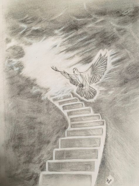 Stairway to heaven, doves, clouds, pencil art, pencil sketch, #stairwaytoheaven, #doves, #clouds, #pencildrawing, #pencilsketch Going To Heaven Pictures, Biblical Art Drawings Pencil, Drawings Of Heaven, Faithful Drawings, Christian Pencil Art, Drawing Of Heaven, Heaven Drawing Easy, Staircase To Heaven Drawing, Faith Drawings Sketches