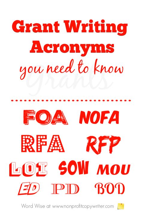 Grant writing acronyms writers need to know to navigate the beginning of the grant making process. Amigurumi Patterns, Nonprofit Infographics, Grant Management, Money Thoughts, Nonprofit Grants, Grant Proposal Writing, Christian Writing, Nonprofit Startup, Organizational Development