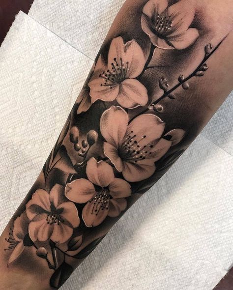 Shaded Background Tattoo, Dark Skin Sleeve Tattoo, Shoulder Tattoos For Women Cherry Blossom, Shaded Flowers Tattoo, Flower Tattoos Shaded, Flower Tattoos Japanese, Japanese Cherry Blossom Tattoo Forearm, Cherry Blossom Tattoo Black And Grey, Cherry Blossom Knee Tattoo