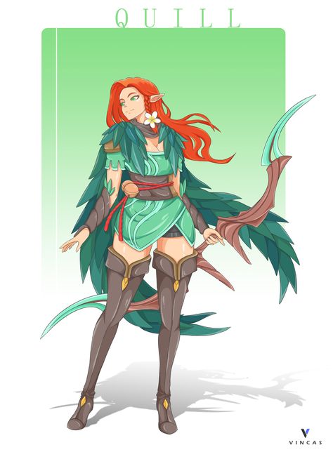 Elegant elf girl with red hair and beautiful eyes, dressed in leave covered ranger cloak and armed with a mystic elder wood bow Play League Of Legends, Dnd Elves, The Mechanic, Rpg Characters, Overwatch Fan Art, Characters Design, Clothing Design Sketches, Crowd Control